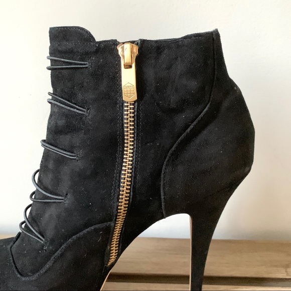 Vince Camuto Black Dolly Suede Booties Gold Button - Picture 3 of 7
